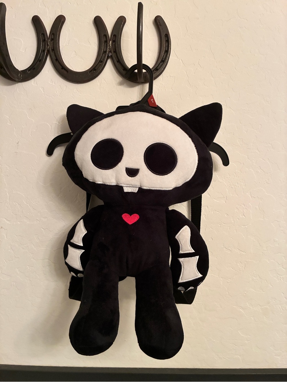 Kids Plush Black Skeleton Cat Backpack with Red Heart